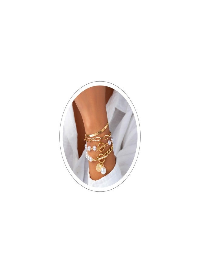 Eason1874 Layered Paperclip Gold Pearl Stack Bracelet Set for Woman Chunky Simulated Pearl jewelry (Four Pcs A) - Image 1